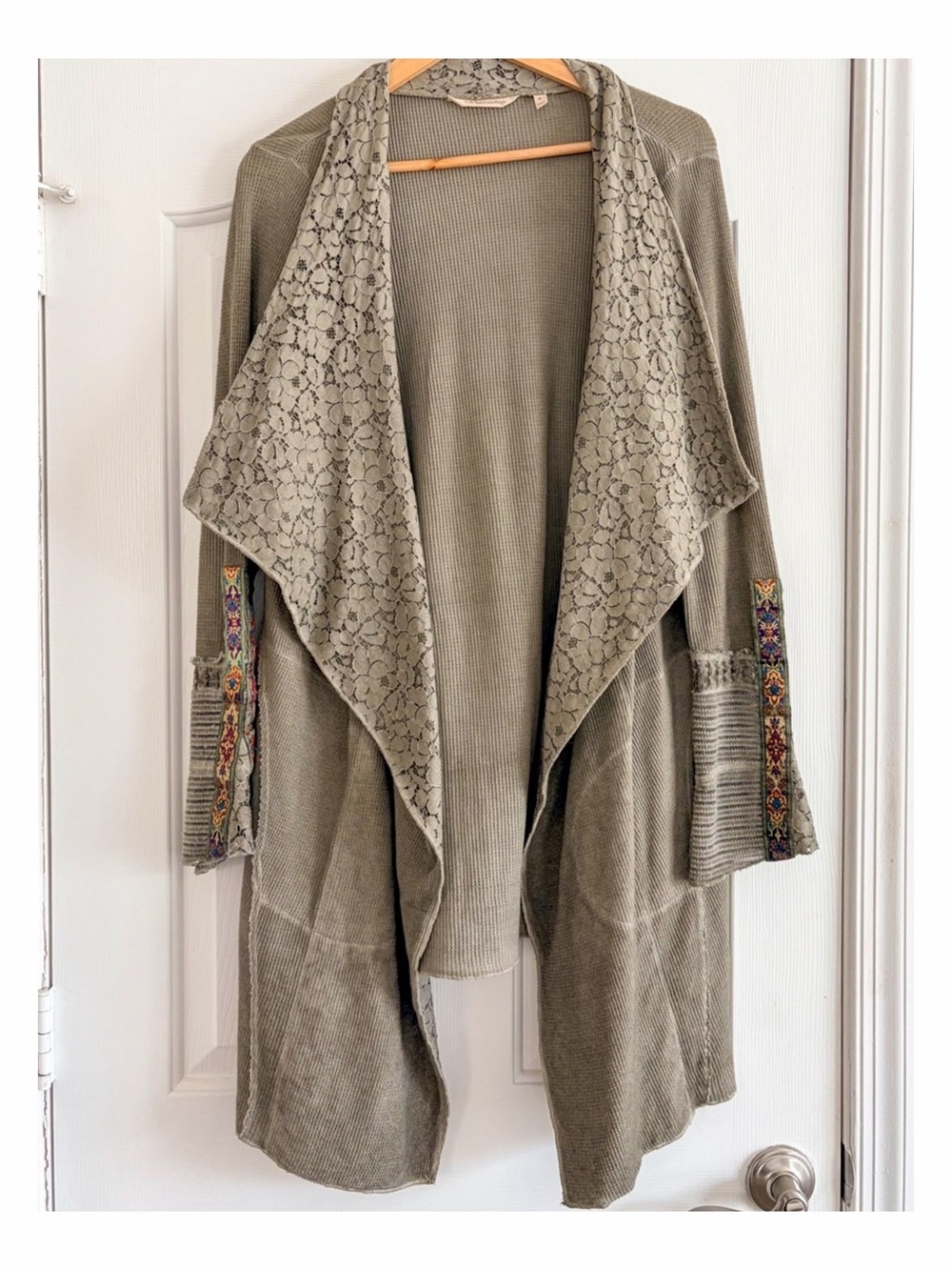 Soft Surroundings Army Green Duster Cardigan Embroidered Cuffs M Pockets